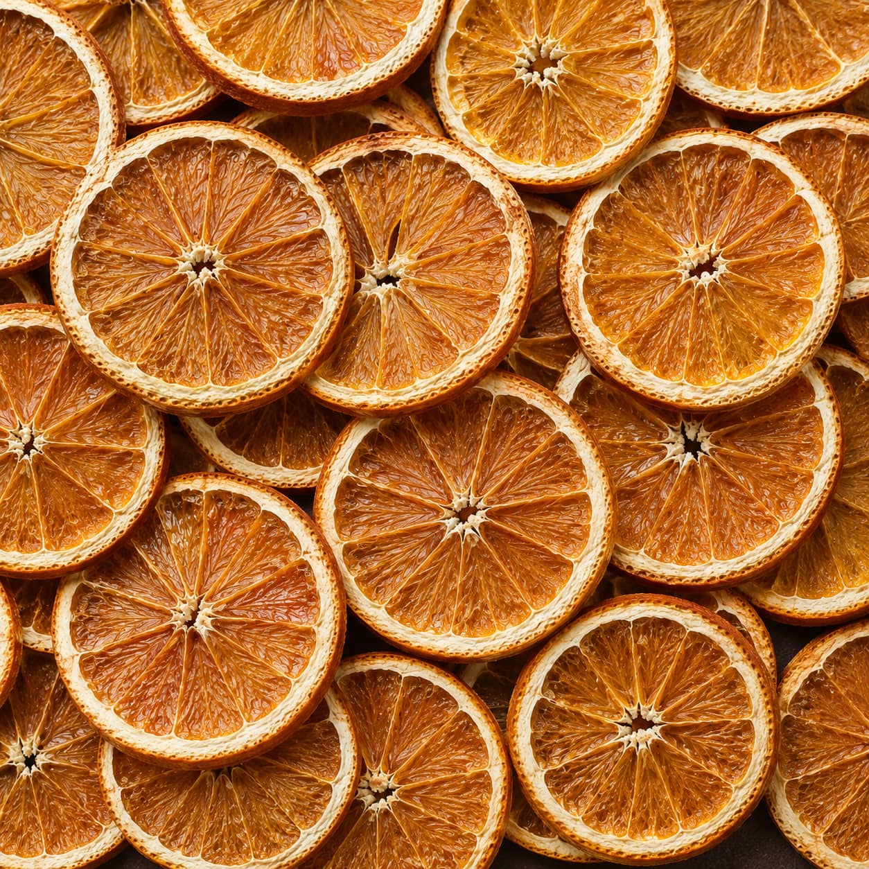 Dehydrated orange slices arranged beautifully